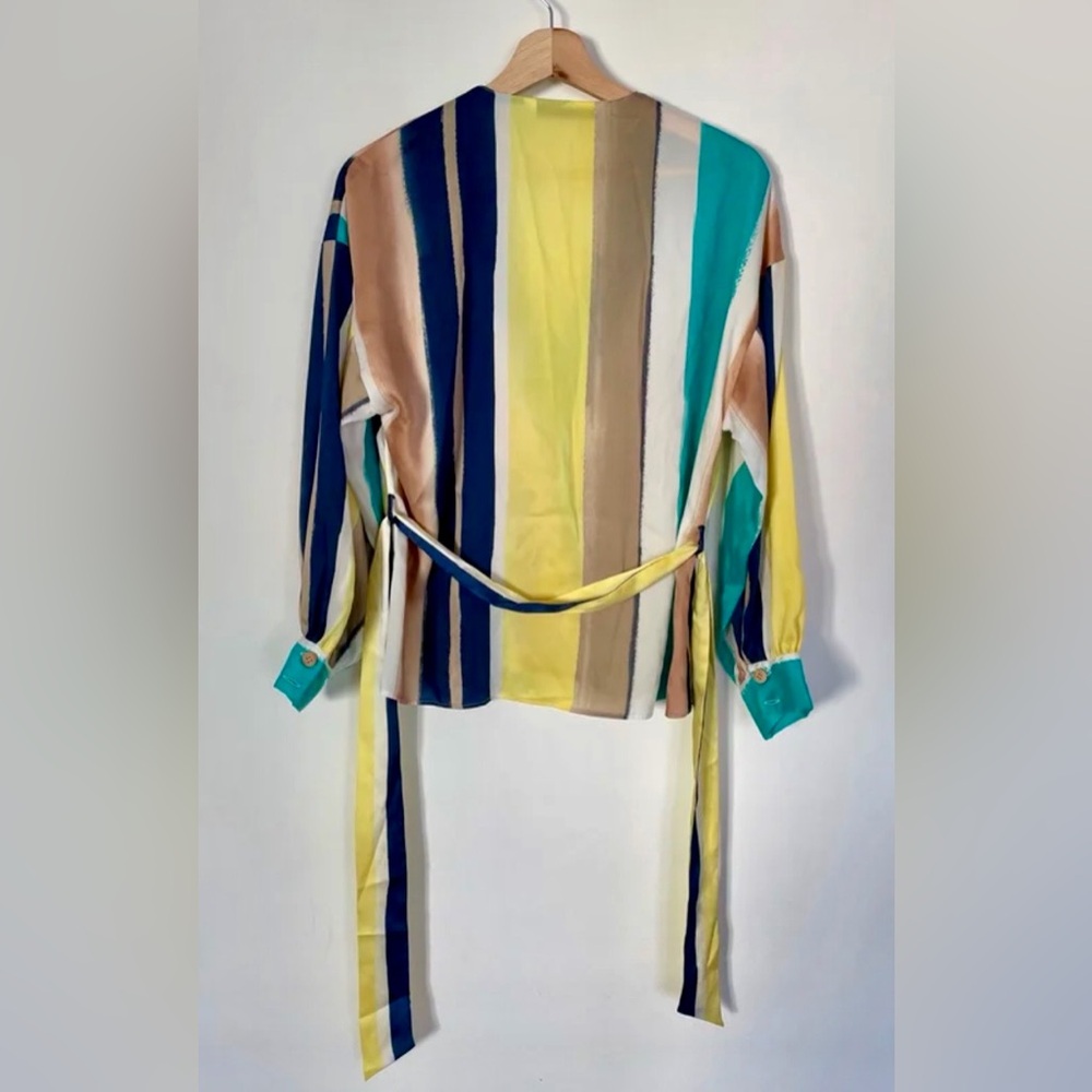 Zara NWOT Multicolor Striped Wrap Flowy Blouse W/Belt. Long Sleeves. Size Small. - Picture 12 of 12